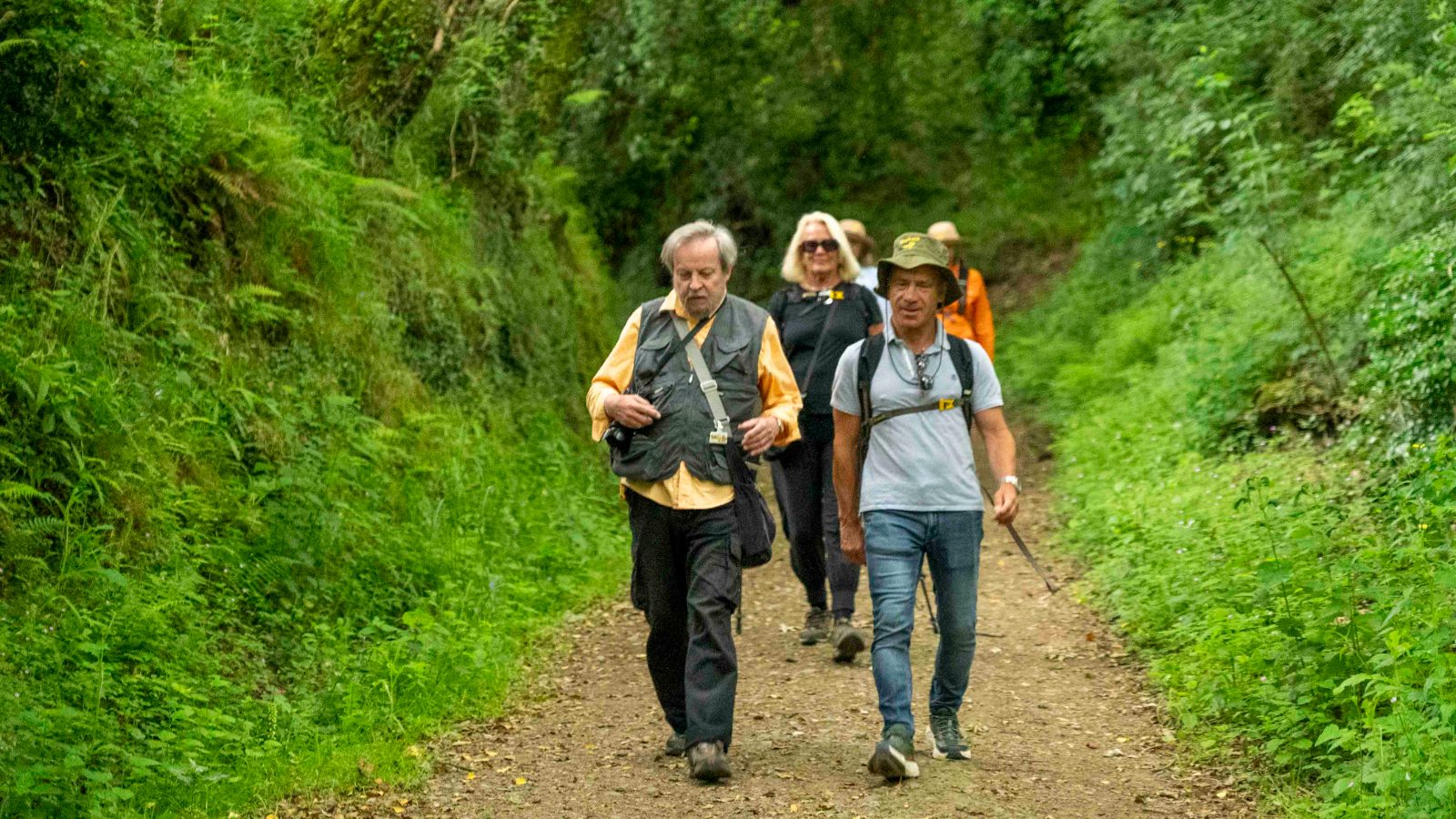 Peregrinos caminando hacia la cámara por sendero verde